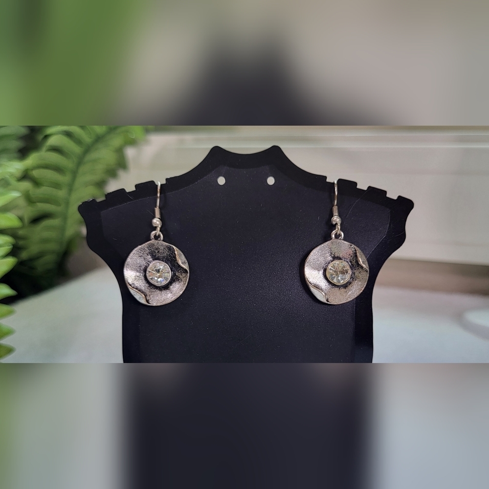 Antiqued Silver and Rhinestone Dangle Earrings / Pierced
